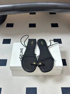 Celine Black Leather Toe Loop Flat Sandals Gold Triomphe Ankle Tie Strap Shoes